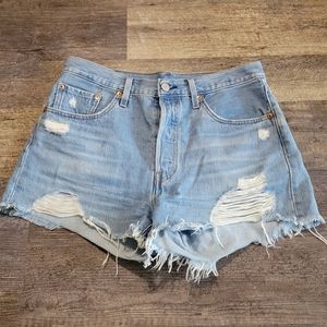 Levis 501 distressed light wash jean shirt